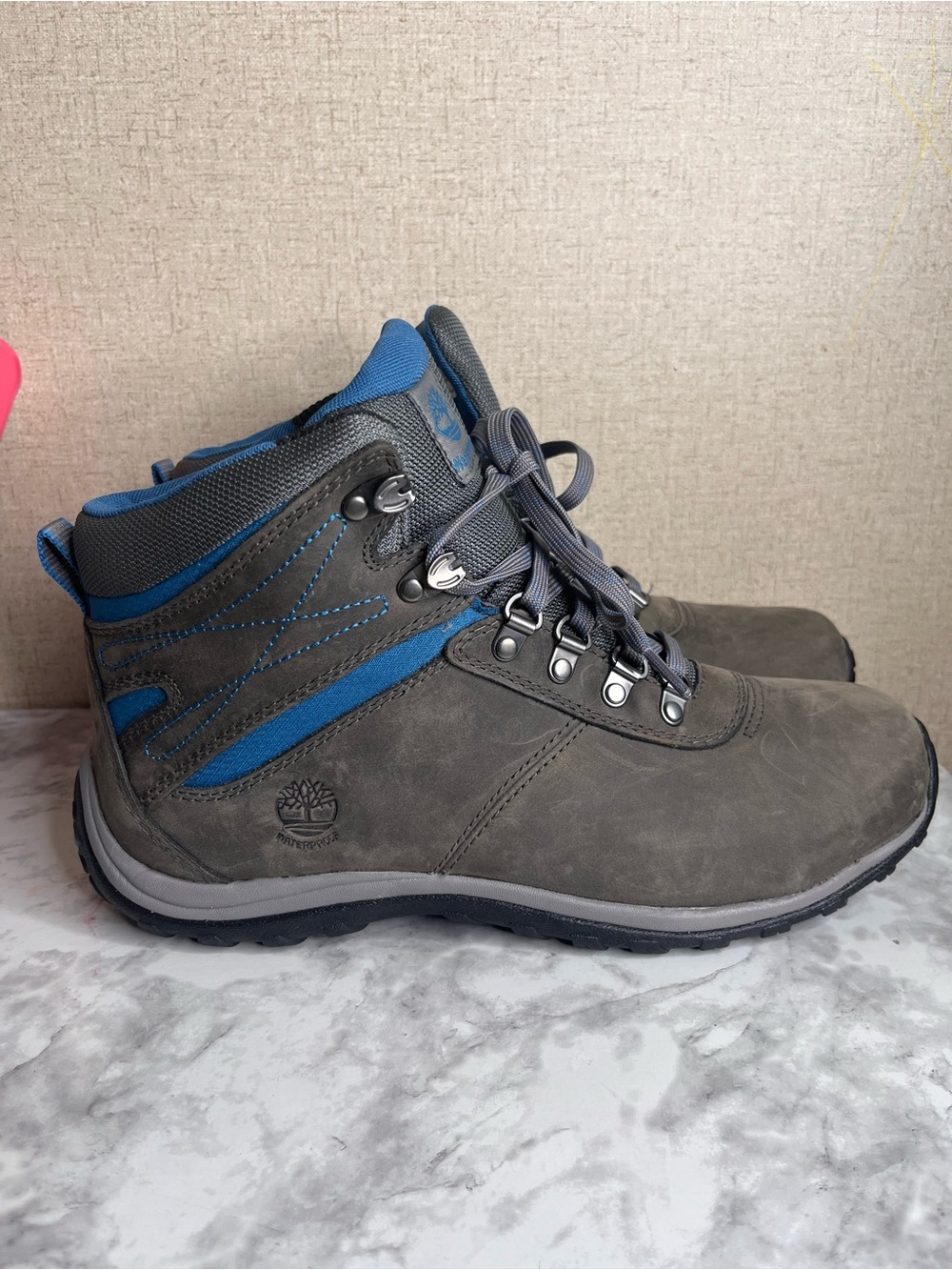 Timberland Gray and Blue Waterproof Hiking-Style Winter Boots